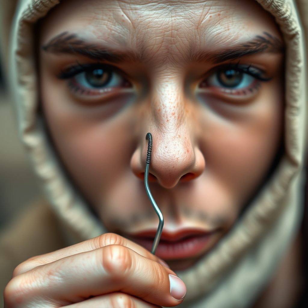 Preparing to Put on the Corkscrew Nose Ring - how to put on a corkscrew nose ring